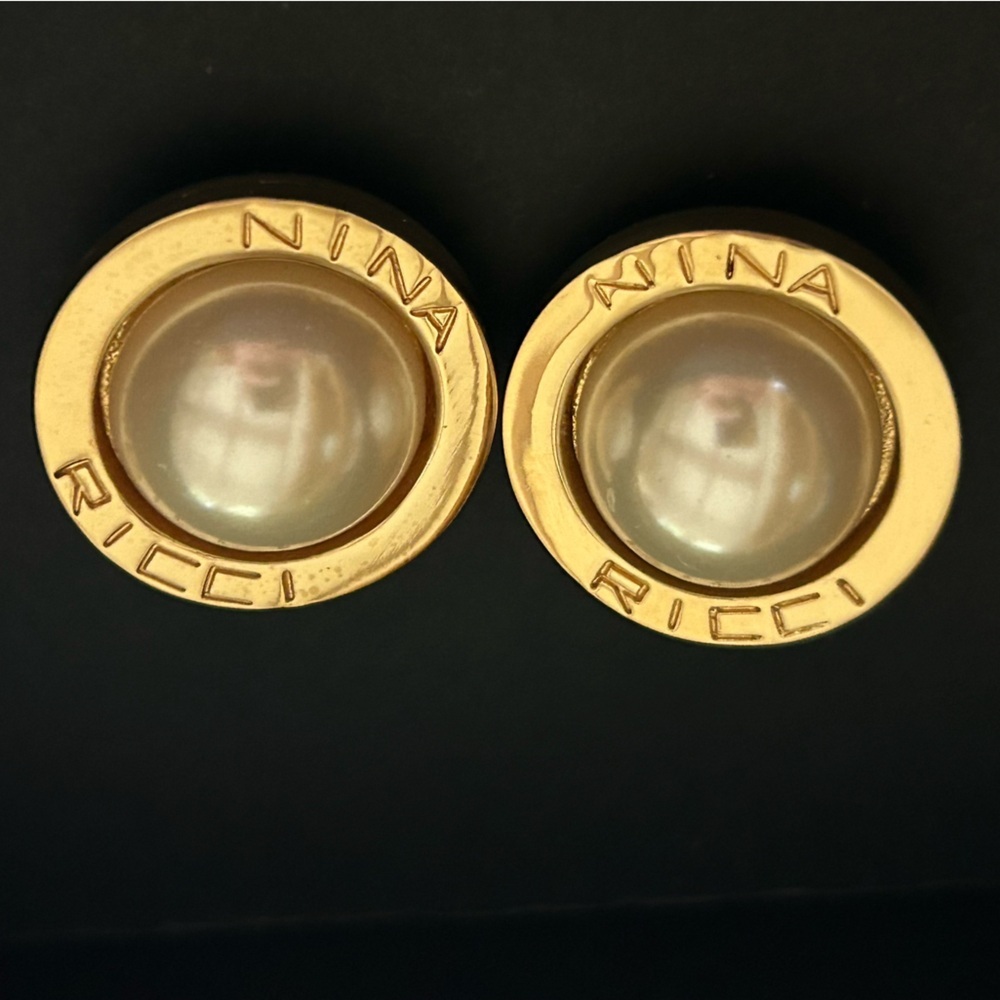 Vintage Nina Ricci Faux Pearl Gold Tone Clip On Earrings